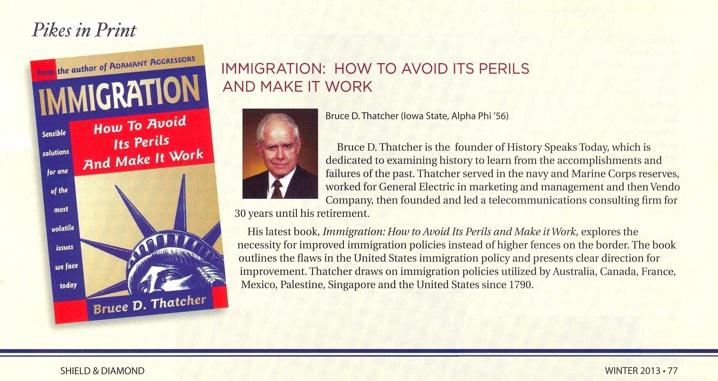 Pikes in Print article featuring Bruce Thatcher's book about immigration